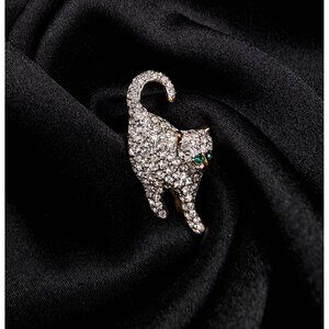 Vintage 1990s Cat Brooch With Rhinestones & Emerald Green Eyes